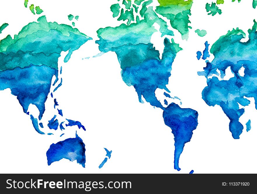 Watercolor map of the world. Green and blue illustration.