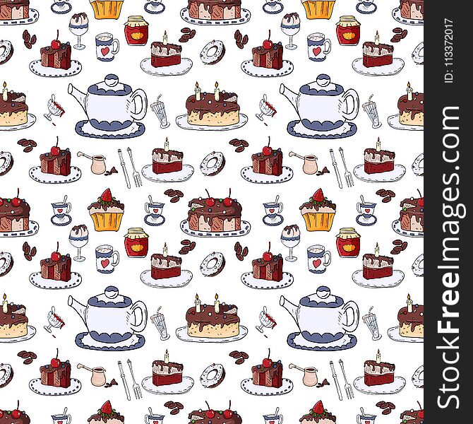 Seamless pattern vector illustration background isolated pastry design, sweets cakes, tea party, tasty sweet food and drinks white background. Seamless pattern vector illustration background isolated pastry design, sweets cakes, tea party, tasty sweet food and drinks white background