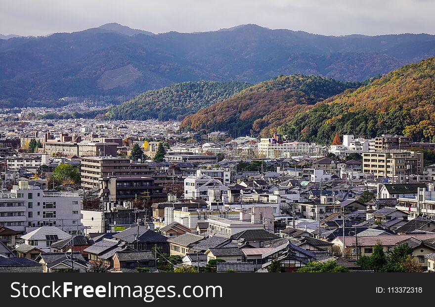 Kyoto, Japan - Nov 29, 2016. Aerial view of Kyoto, Japan. Kyoto is one of the best preserved cities in Japan, with 2,000 religious places.