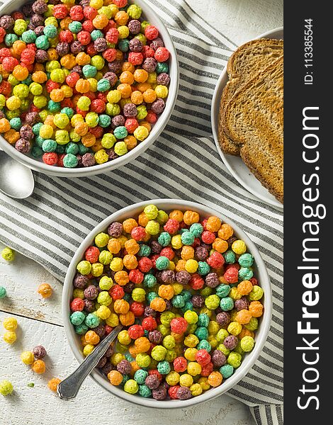 Colorful Sugar Breakfast Cereal with Milk and Toast