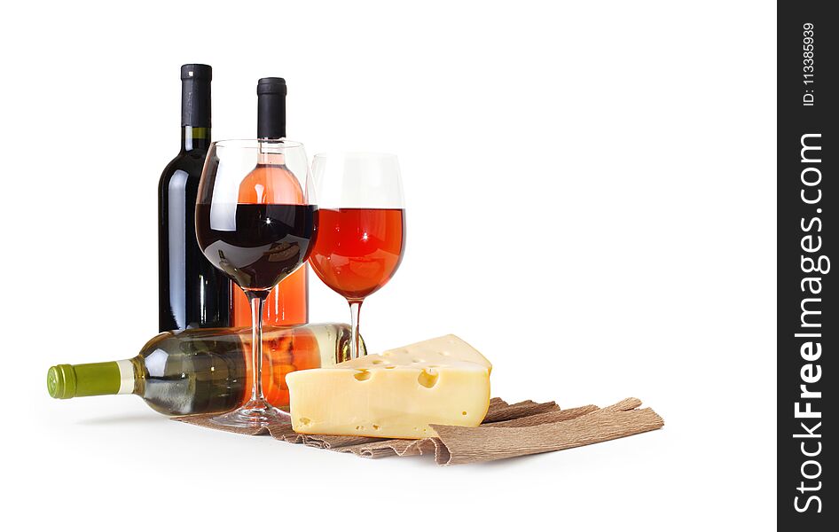 Wineglass, bottle of wine and cheese