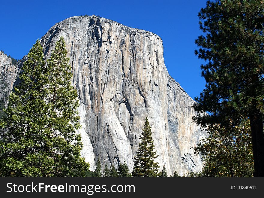 The beautiful granite face of El Capitan in Yosemite, California, on a sunny summer day.