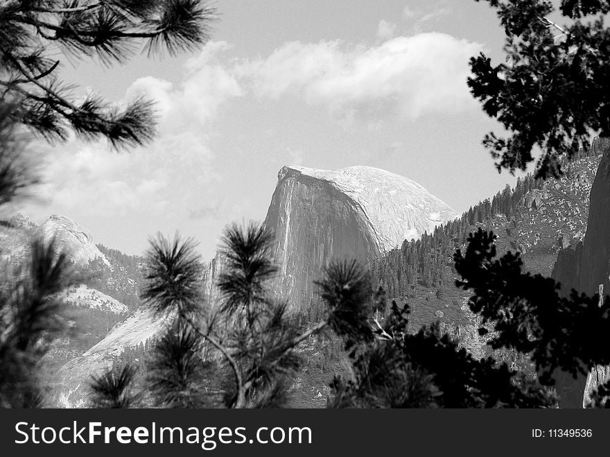 Half Dome in black and white framed by nature. Half Dome in black and white framed by nature.