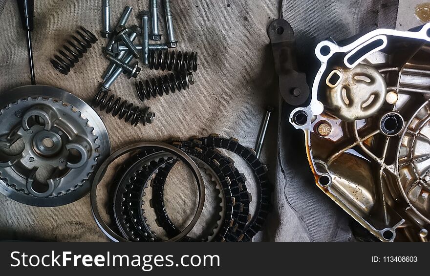 A tools and spare part component of motorcycle. Close up and from top view