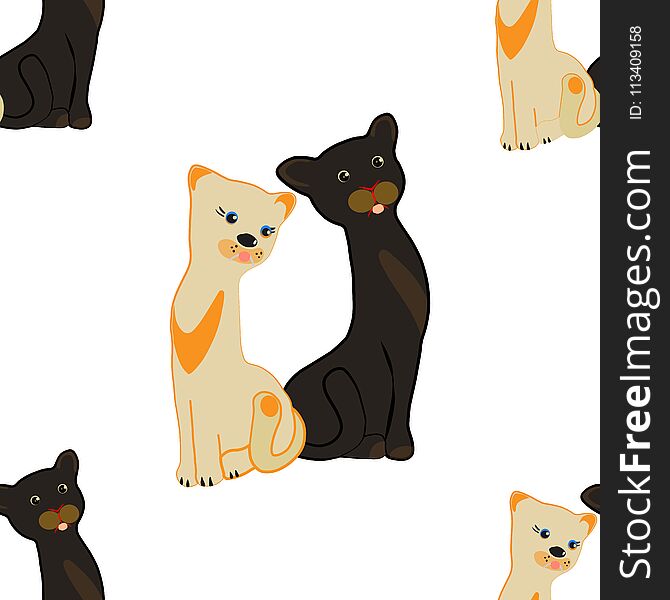 Seamless Pattern. A Pair Of Slender Cats On A White Background