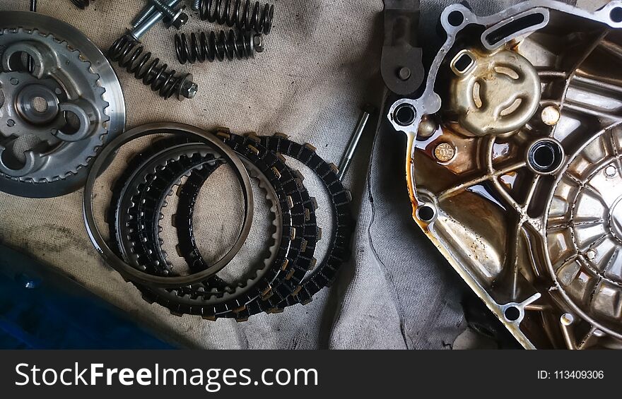 A tools and spare part component of motorcycle. Close up and from top view