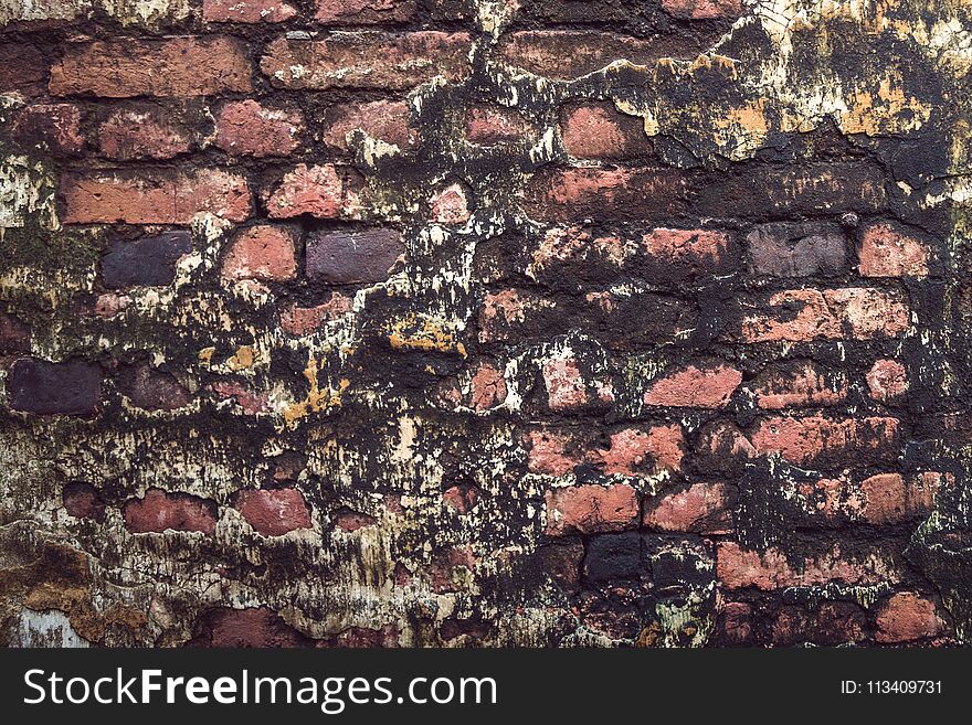 Old red and black ancient bricks texture ,vintage wallpaper have sunlight on wall and dark mold