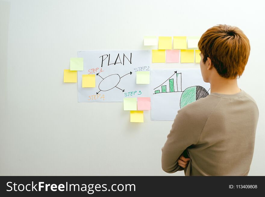 Young Asian man stands in front of his financial plan in the room.