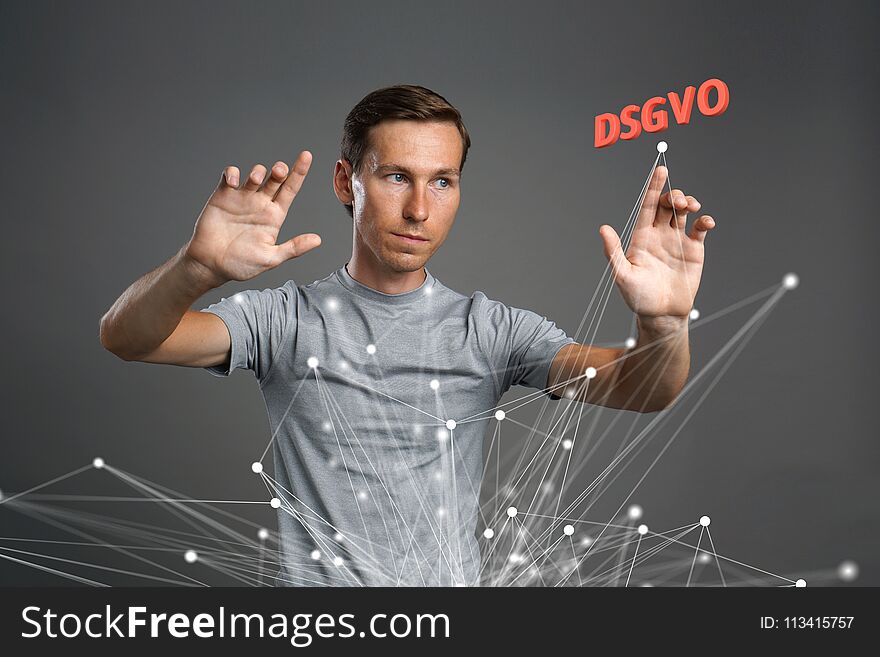 DSGVO, german version of GDPR, concept image. General Data Protection Regulation, protection of personal data. Man