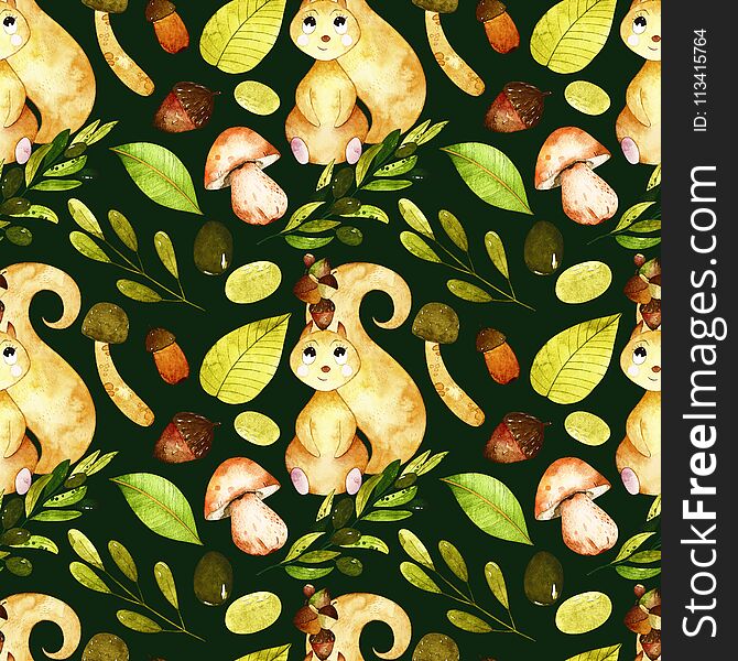 Pattern with cute squirrel, branches, mushrooms, leaves and olives. Perfect for you postcard design, invitations, projects, wedding card, poster, packaging. Pattern with cute squirrel, branches, mushrooms, leaves and olives. Perfect for you postcard design, invitations, projects, wedding card, poster, packaging.