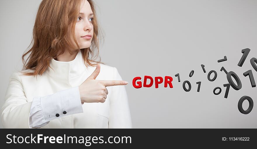GDPR, concept image. General Data Protection Regulation, the protection of personal data. Young woman working with
