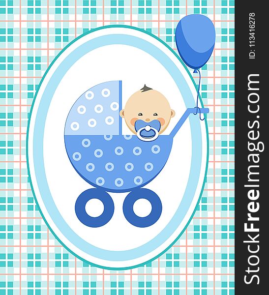 A little boy in a blue stroller. A blue ball is tied to the stroller. Color, flat card. Congratulation. Blue squares on the white field. Checkered pattern. A little boy in a blue stroller. A blue ball is tied to the stroller. Color, flat card. Congratulation. Blue squares on the white field. Checkered pattern.