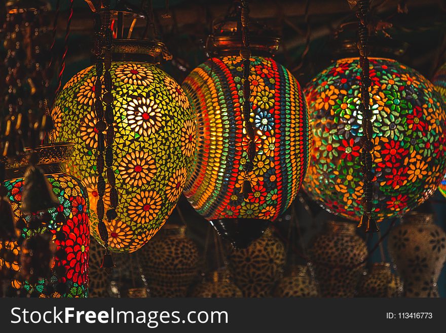 Three Multicolored Floral Pendant Lanterns