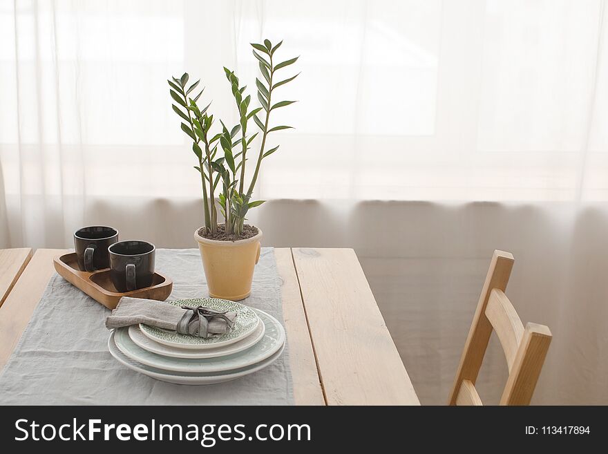 Served table and potted plant