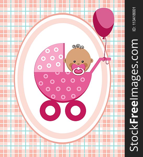 Baby, Girl, Africa, Greeting Card, Pink Checkered Background, Vector.