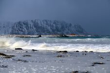 Storm Waves On The Beach In Lofoten Archipelago, Norway In The Winter Time Stock Photography
