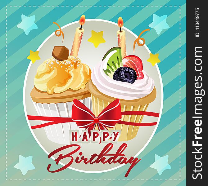 Happy birthday card with fruit cupcake, additional in eps 10 file