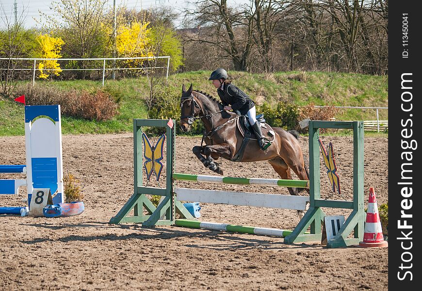 Girl jumping over hurdle on showjumping competition