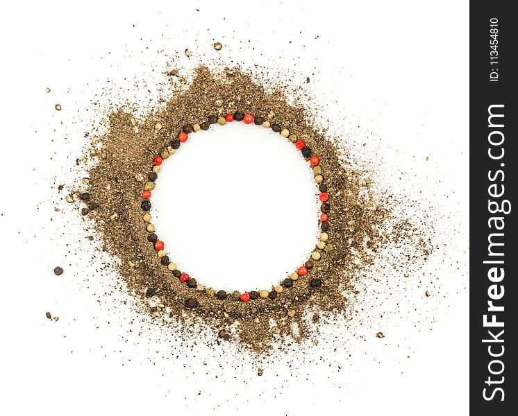 Heap of Ground Black Pepper Isolated on White Top View. Spice Looks like Scattered Sand Flat Lay and Top View