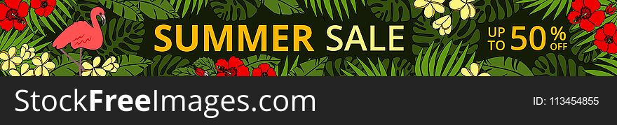 Summer sale horizontal web banner with pink flamingo, tropic palm leaves and flowers on black background