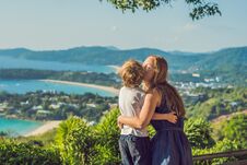 Mom And Son On Karon View Point In Sunny Day. Phuket Royalty Free Stock Photography