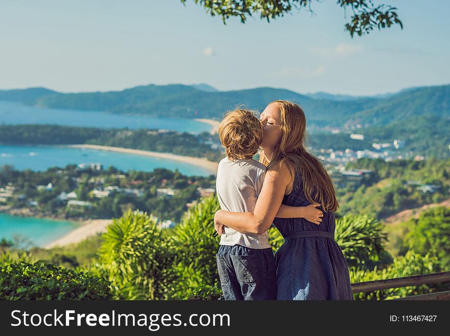 Mom and son on Karon View Point in sunny day. Phuket