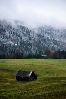 Geroldsee Forest During Autumn Day With First Snow And Fog Over Trees, Bavarian Alps, Bavaria, Germany. Stock Images