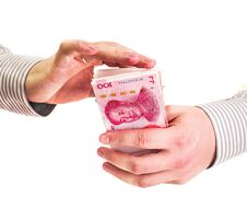 Closeup Man Hands With Shirt Counting Chinese Currency Yuan Money Isolated On White Background Royalty Free Stock Photo