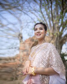 Portrait Beautiful Thai Woman Wearing Thai Tradition Clothes Dress Standing In Old Temple Of Ayutthaya World Heritage Site Royalty Free Stock Photography