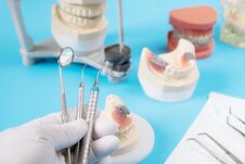 Dentist Tools And Prosthodontic Model. Royalty Free Stock Photo