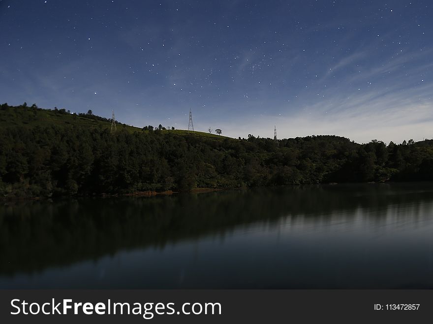 Clear Blue Sky Reflecting On Body Of Water