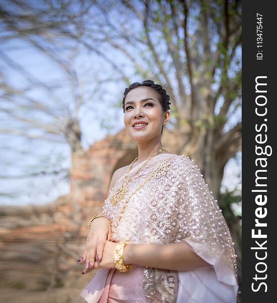 portrait beautiful thai woman wearing thai tradition clothes dress standing in old temple of ayutthaya world heritage site