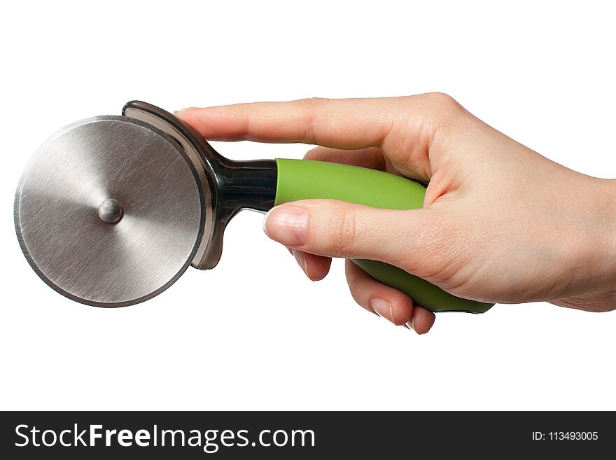 Hand With Green Pizza Cutter Isolated On White Background