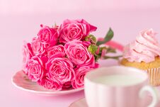 Cupcake With Pink Cream Decoration And Roses On Pink Pastel Background. Stock Photography