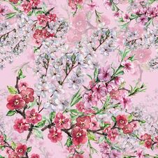 Watercolor Flowers Apple Cherry And Peach. Handiwork Seamless Pattern On A Pink Background. Stock Image