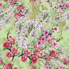Watercolor Flowers Apple Cherry And Peach. Handiwork Seamless Pattern On A Green Background. Royalty Free Stock Image
