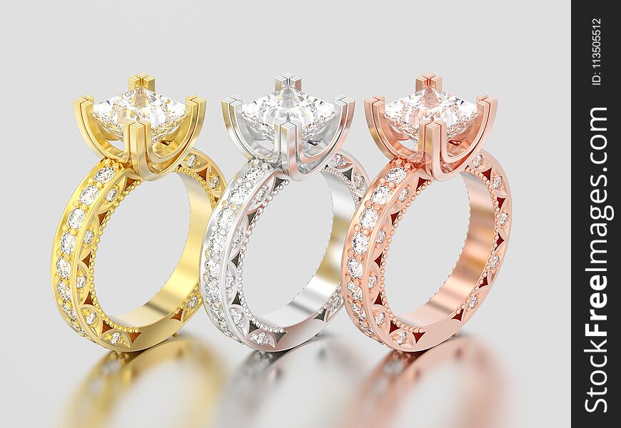 3D illustration three different gold channel princess cut diamond engagement decorative rings on a gray background