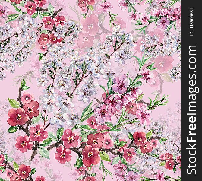 Watercolor Flowers Apple Cherry and Peach. Handiwork Seamless Pattern on a Pink Background.