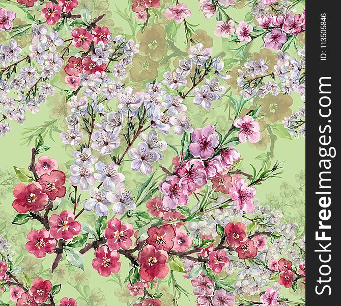 Watercolor Flowers Apple Cherry and Peach. Handiwork Seamless Pattern on a Green Background.