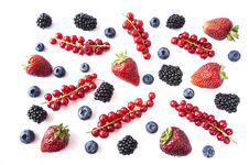 Mix Berries And Fruits On White Background. Ripe Blueberries, Blackberries, Strawberries And Red Currants. Top View. Black-blue An Stock Image