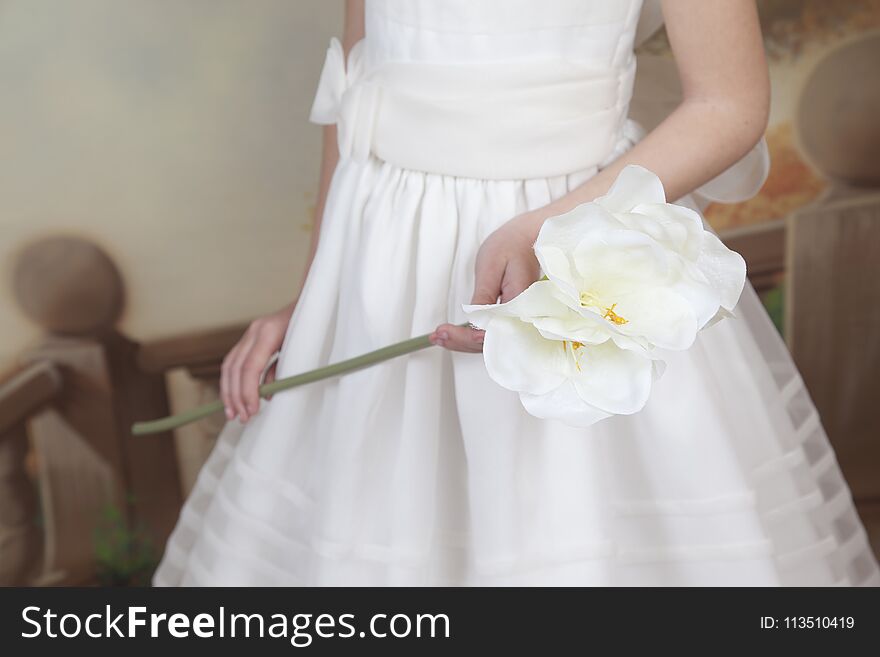 Detail of the hands of a communion girl dressed in white with a flower in her hands