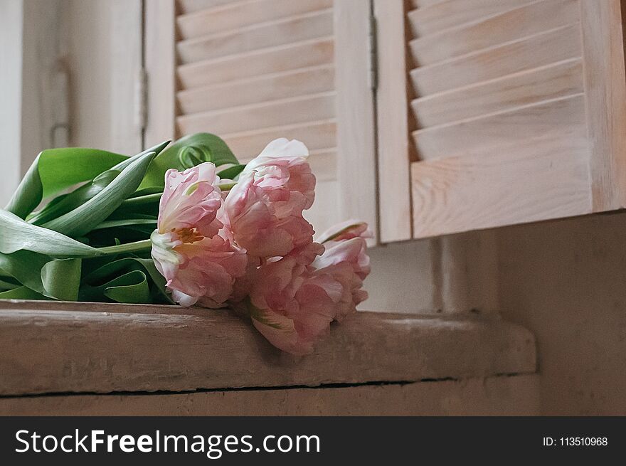 A soft focused bouquet of pink peony flowers lying on a window sill, wooden jalousie in the background, rustic style. A soft focused bouquet of pink peony flowers lying on a window sill, wooden jalousie in the background, rustic style