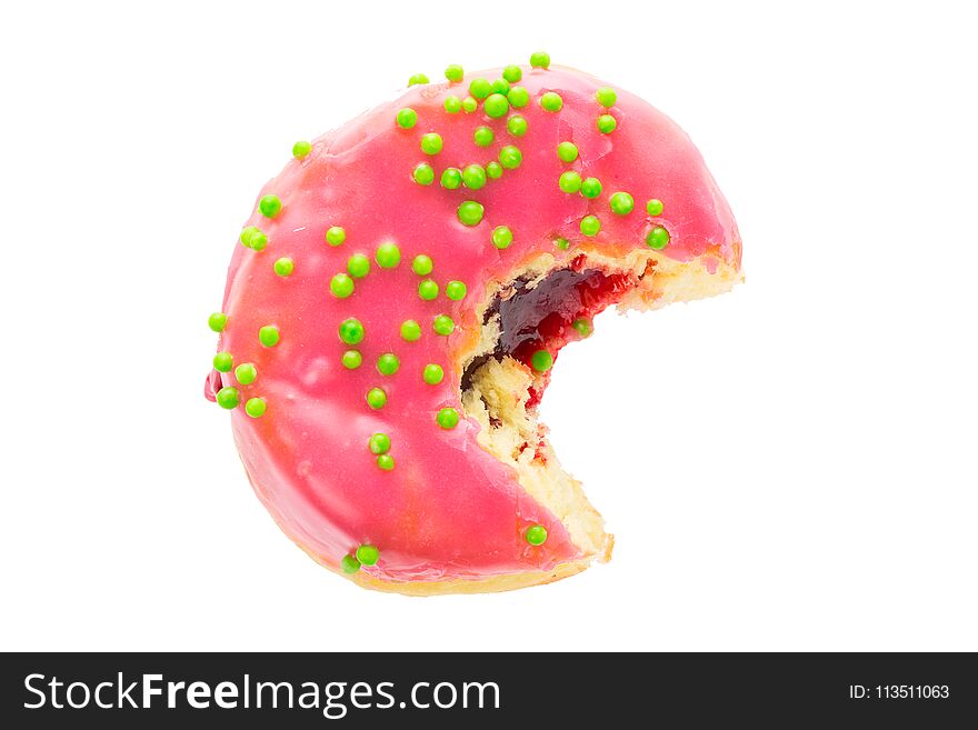 Bitten Pink Tasty Donut Isolated On White Background.