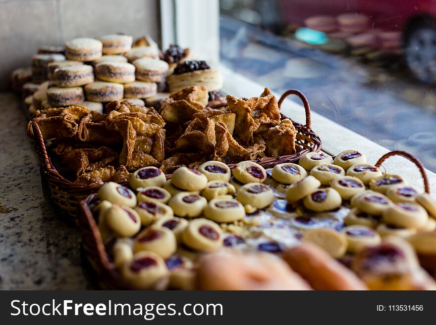 Typical argentinean snacks and treats on shop window in Ushuaia, blurred, shallow depth of field