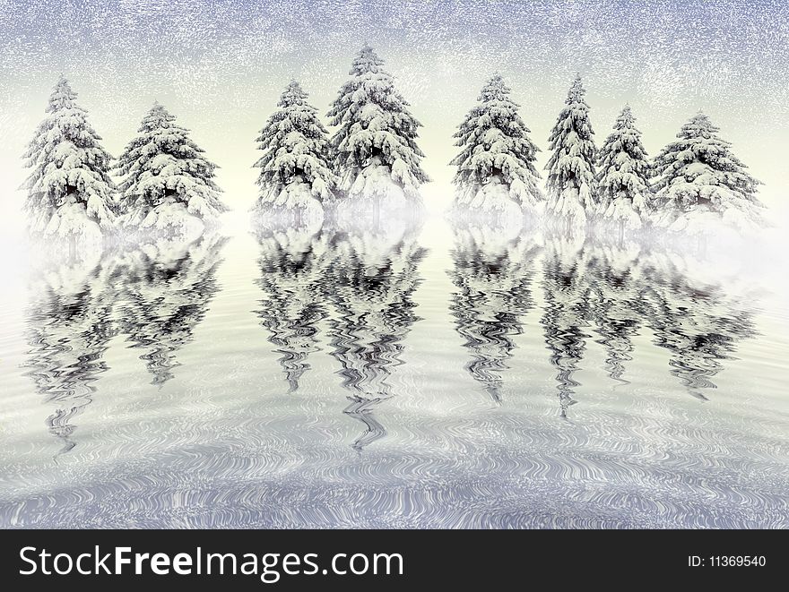 Winter scene with snowy pines reflecting in water
