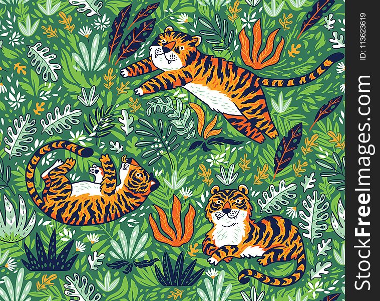 Vector seamless pattern with tigers. Green garden background with cartoon orange tigers. Creative illustration for kids design, wallpaper, wrapping, textile, package design. Vector seamless pattern with tigers. Green garden background with cartoon orange tigers. Creative illustration for kids design, wallpaper, wrapping, textile, package design.