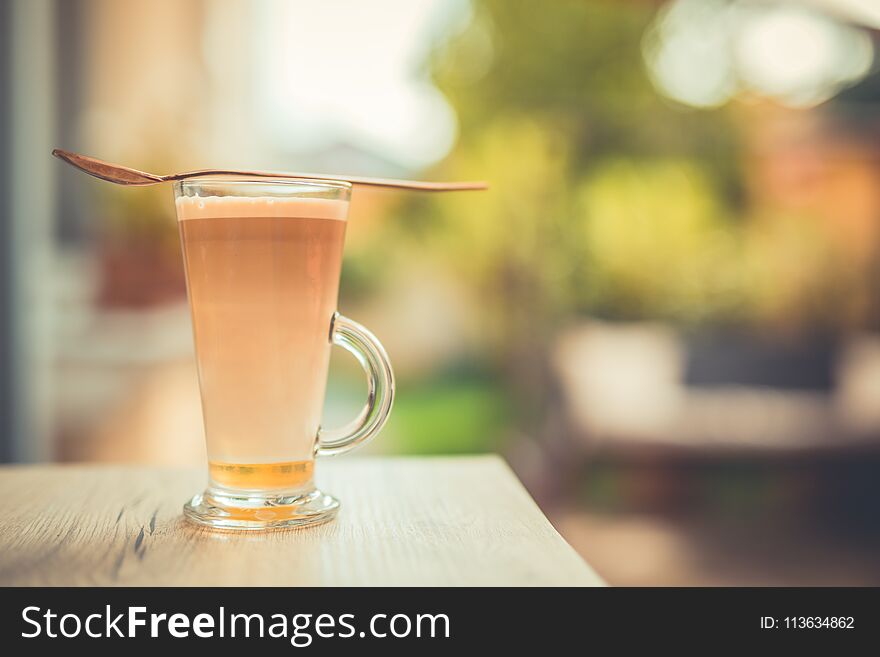 Relaxing natural background and morning coffee on blurred bokeh background.