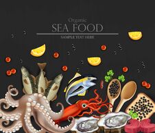 Tuna Fish, Caviar, Squid, Oysters And Octopus Seafood Banner. Template, Layout, Flyer Vector Realistic Detailed Stock Photo