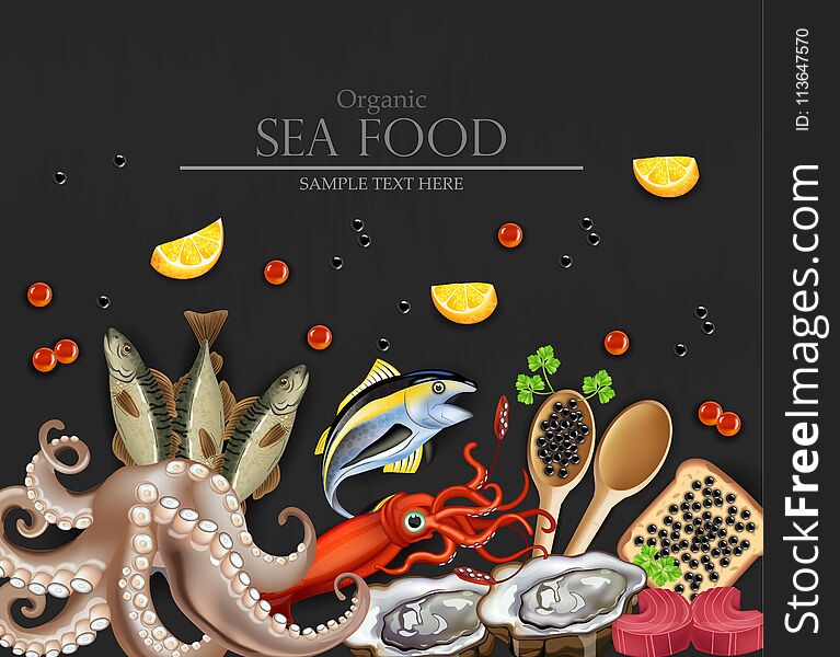 Tuna Fish, Caviar, Squid, Oysters And Octopus Seafood Banner. Template, Layout, Flyer Vector Realistic Detailed