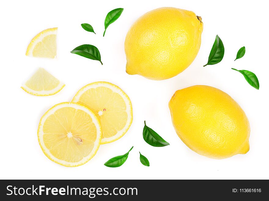 Lemon and slices with leaf isolated on white background. Flat lay, top view